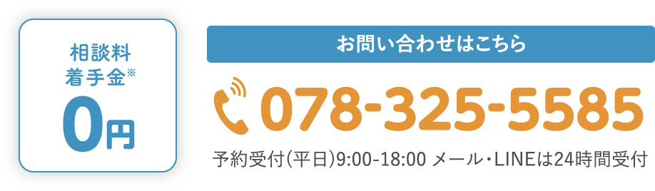 初回相談料 0円 お問い合わせはこちら 078-325-5585 予約受付(平日)9:00-18:00 メール・LINEは24時間受付